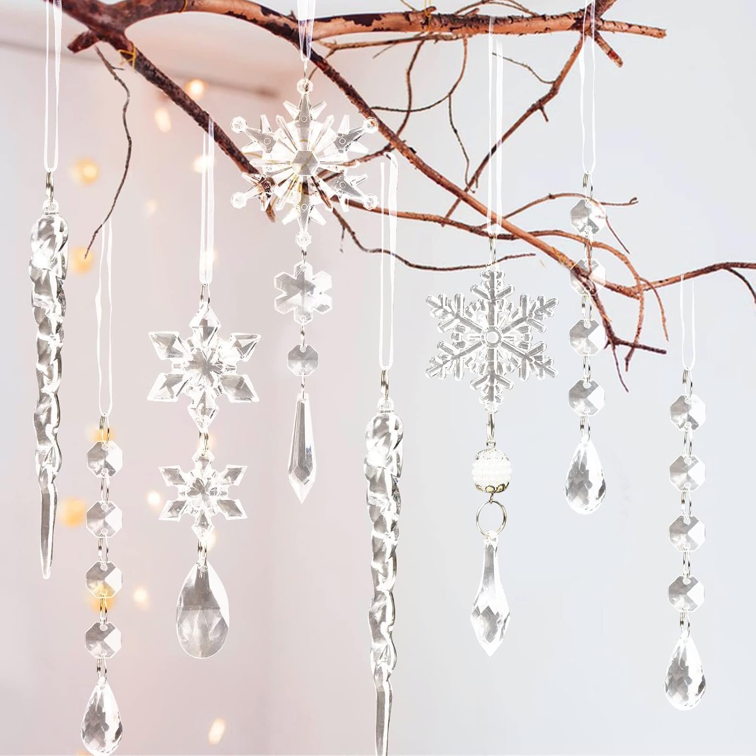18pcs Christmas Tree Decoration Crystal Ornaments - Hanging Acrylic Christmas Snowflake Icicle Drop Crystal Ornaments for Christmas Tree Winter New Year Party Supplies - Image 5
