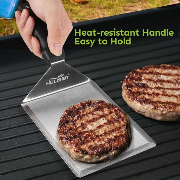 HULISEN Stainless Steel Large Grill Spatula - 6 x 5 Inch Heavy-Duty Metal Spatula with Cutting Edges, Kitchen Griddle Accessories, Smashed Burger Turner Scraper for BBQ Grill and Flat Top Griddle - Image 3