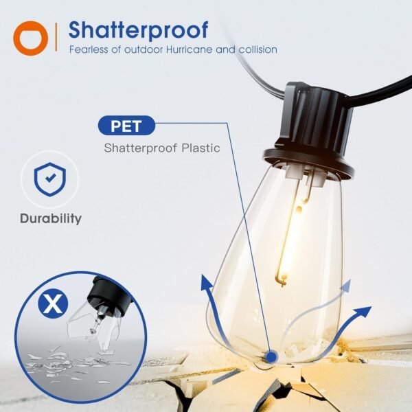 addlon 100FT(50FT*2) LED Outdoor String Lights Waterproof Patio Lights with 32 Shatterproof ST38 Replaceable Bulbs(2 Spare), Dimmable Outside Hanging Lights Connectable for Porch, Backyard, 2200K - Image 4