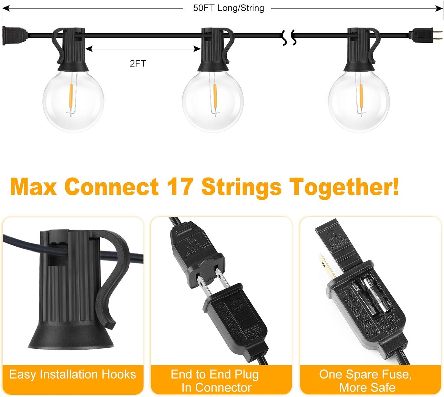 100ft 2-Pack Outdoor G40 LED Globe String Lights Dimmable Waterproof Shatterproof Light Strings with 52 Bulbs Connectable Commercial Hanging Lights for Christmas Patio House Backyard Balcony Party - Image 6