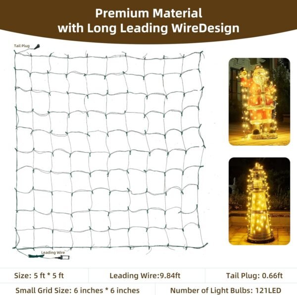 Led Net Lights Christmas Lights Outdoor Christmas Net Lighting with 121Led Mini Globe Lights 5ftx5ft, Outdoor Indoor Fairy Mesh Net Lights for Christmas Trees, Bushes, Shrubs Decorations(WarmWhite) - Image 7