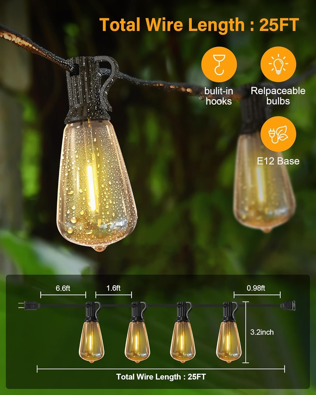 Outdoor String Lights Waterproof, 25 Feet Patio Lights with 13 ST38 Edison Bulbs(1 Sqare), Outside Hanging Decorative Lights for Porch, Blacony, Backyard, Bistro, Garden, 2700K - Image 3