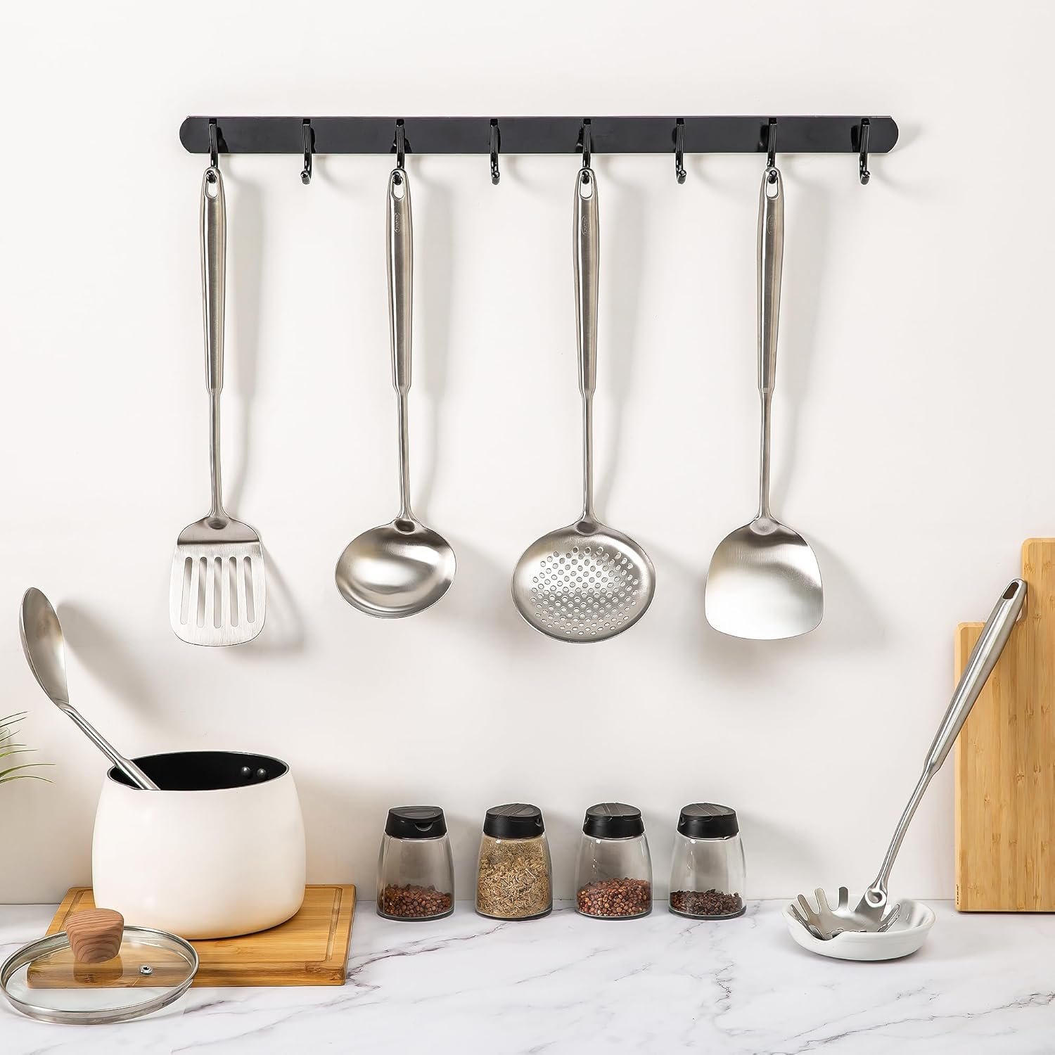 FJNATINH 6-Pieces 304 Stainless Steel Wok Spatula Set,Cooking Utensil Set,Soup Ladle Colander,Nonstick Kitchen Cooking Utensils Set with Spatula,Kitchenware Tools - Image 5