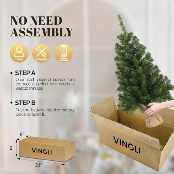 VINGLI 3ft Pre-lit Mini Artificial Christmas Tree, Tabletop Xmas Tree with 150 Branches Tips for Christmas Party Home Indoor Decoration (Battery Operated) - Image 7