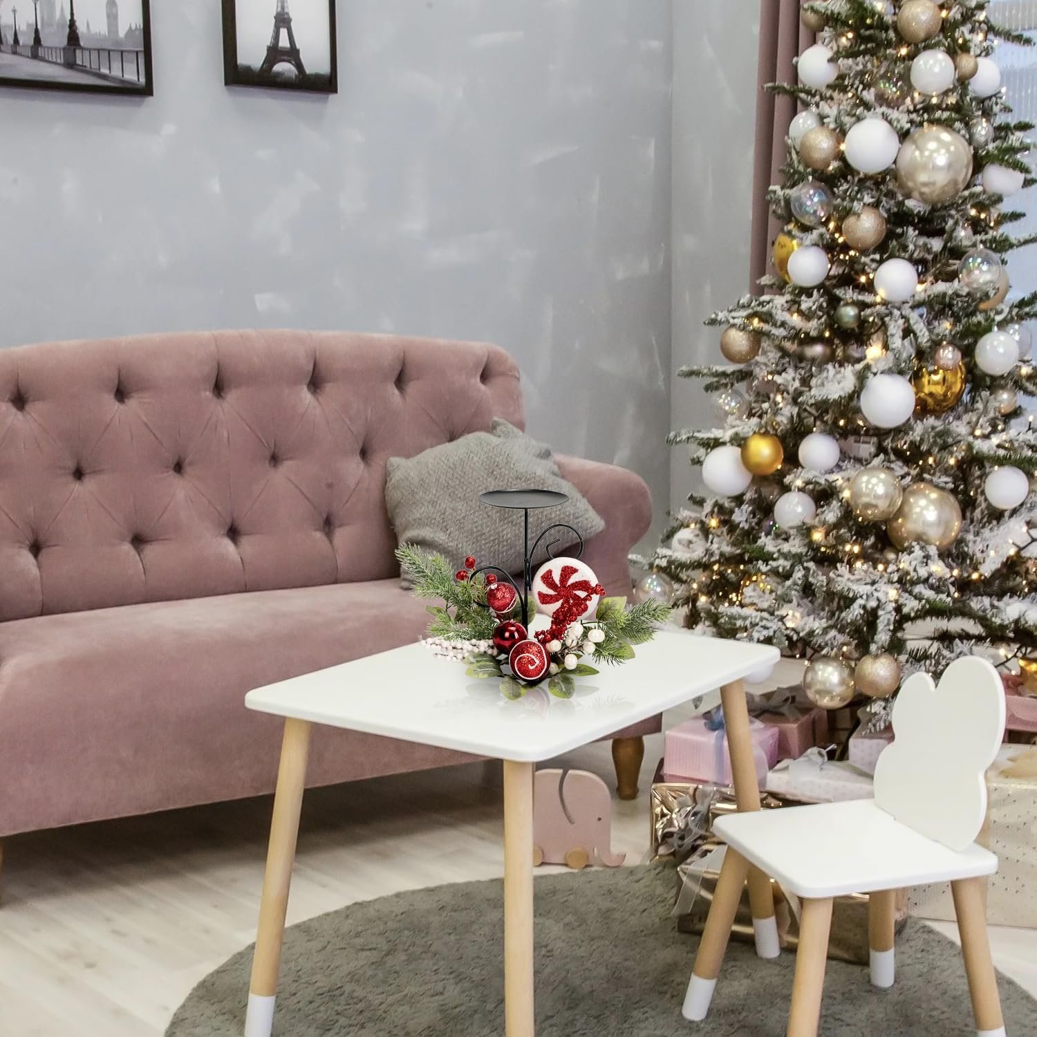 Christmas Candle Holder with Glitter Holly Berries Peppermint Lollipop Xmas Baubles Ball Pine Leaves Candlestick Table Centerpiece Decorations Steel Base Stand Festive Tabletop Home Ornaments (Candy) - Image 4