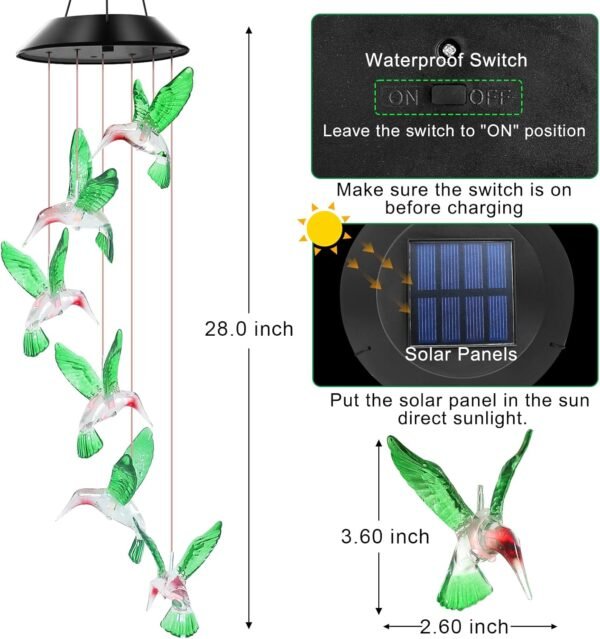 Green Hummingbird Solar Wind Chimes Color Changing Lights Outdoor, Best Gifts for Mom Grandma Women Wife Aunt Daughter Sister, Unique Mobile Wind Chime, Gardening Yard Decorations - Image 3