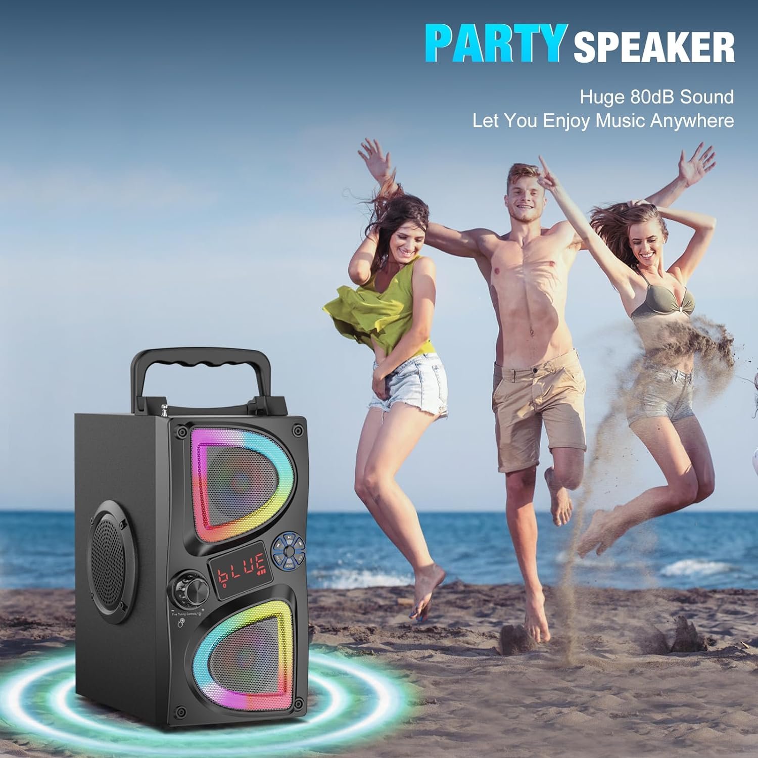 Bluetooth Speaker, 60W(Peak) Wireless Portable Small Home Party Speakers with Double Subwoofer Deep Bass, Microphone, FM Radio, Lights, Remote, 80dB Loud Stereo Sound Boombox for Outdoor Camping Gifts - Image 7