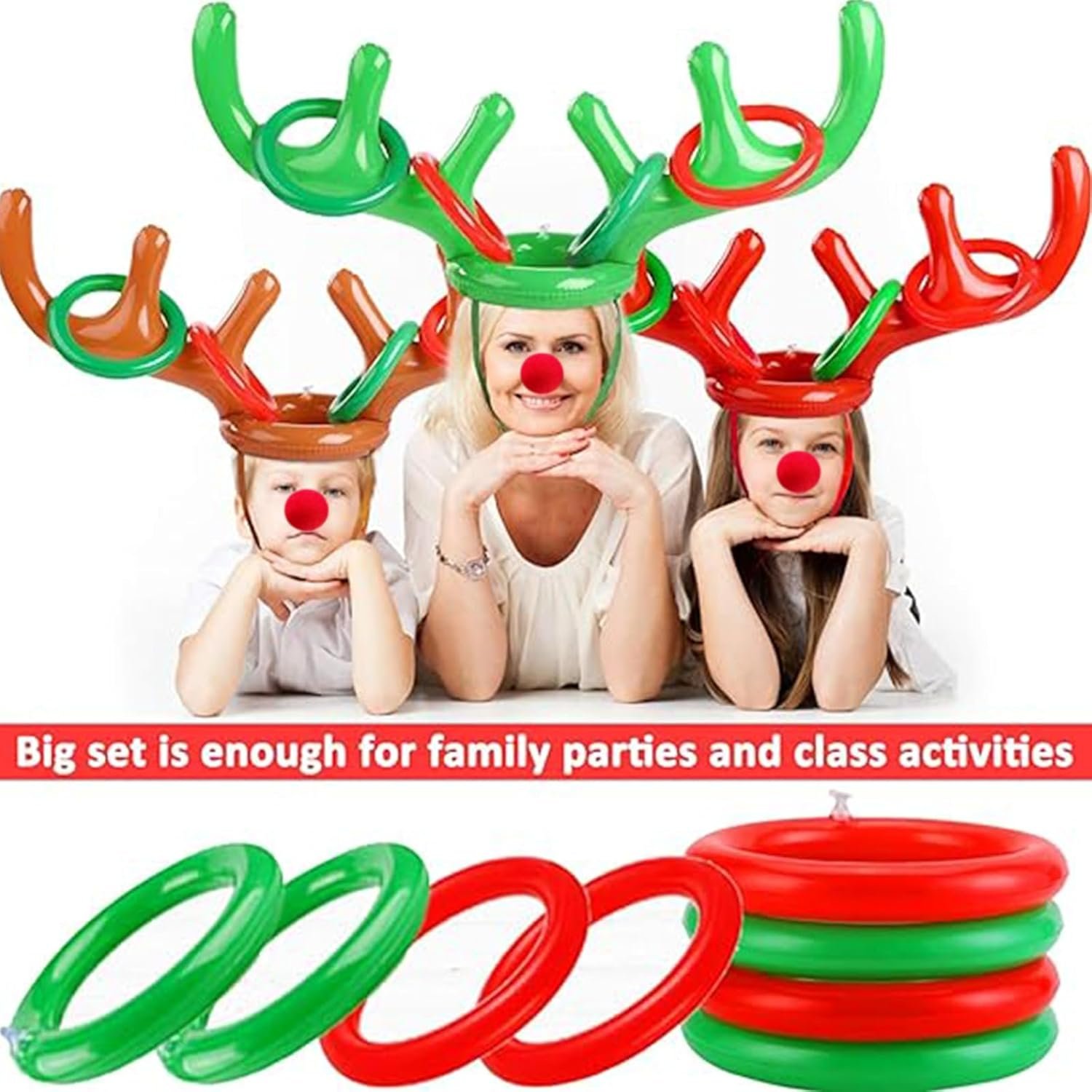 Total 18 Pcs 3 Set Inflatable Reindeer Antler Ring Toss Game Christmas Party Games Kids Family Xmas Toys Stock Stuffer Christmas Activities Carnival Supplies - 3 Antlers 12 Rings 3 Reindeer Nose - Image 3