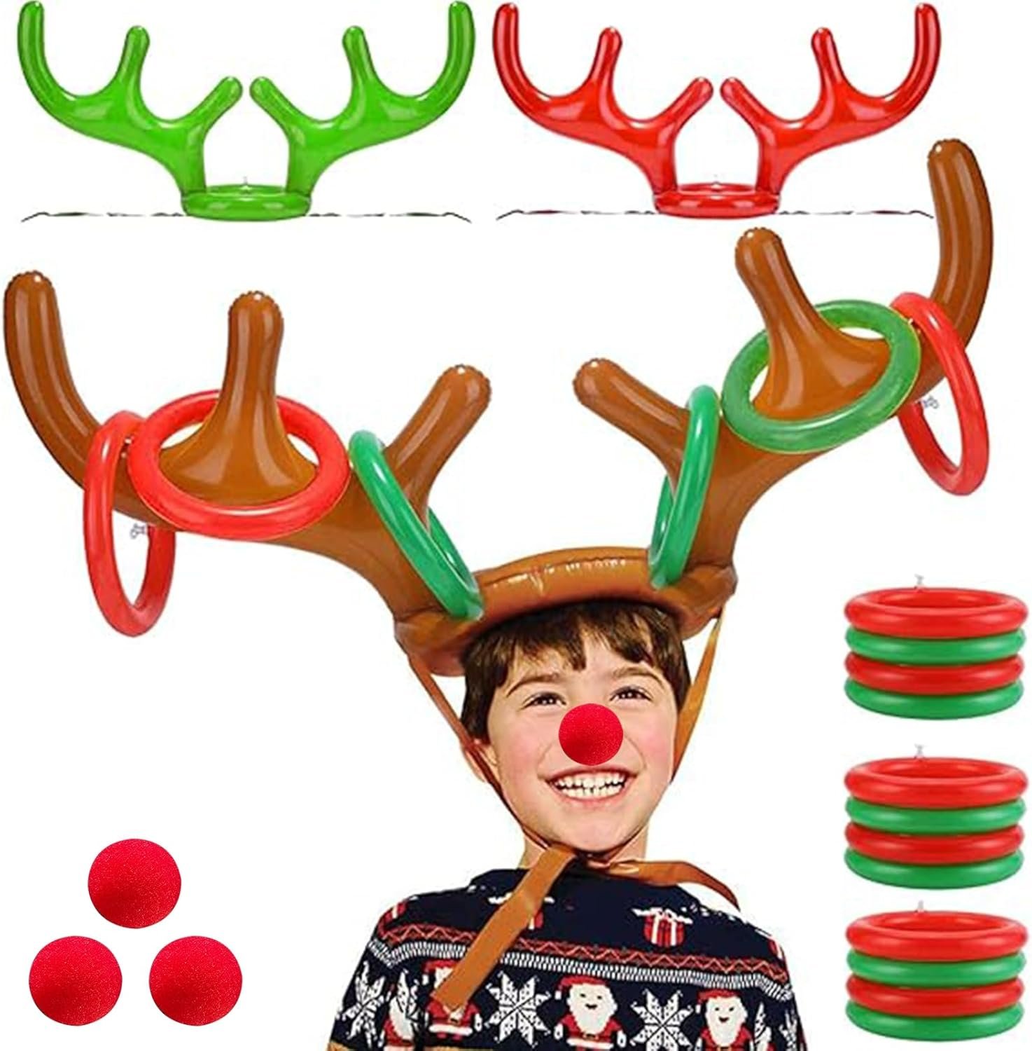 18 Pieces Inflatable Reindeer Antler Ring Toss Game for Christmas Party Games for Kids Adults Holiday Xmas Games Toys for Family School Carnival Party Supplies (3 Antlers, 12 Rings,3 Red Reindeer Nose - Image 2