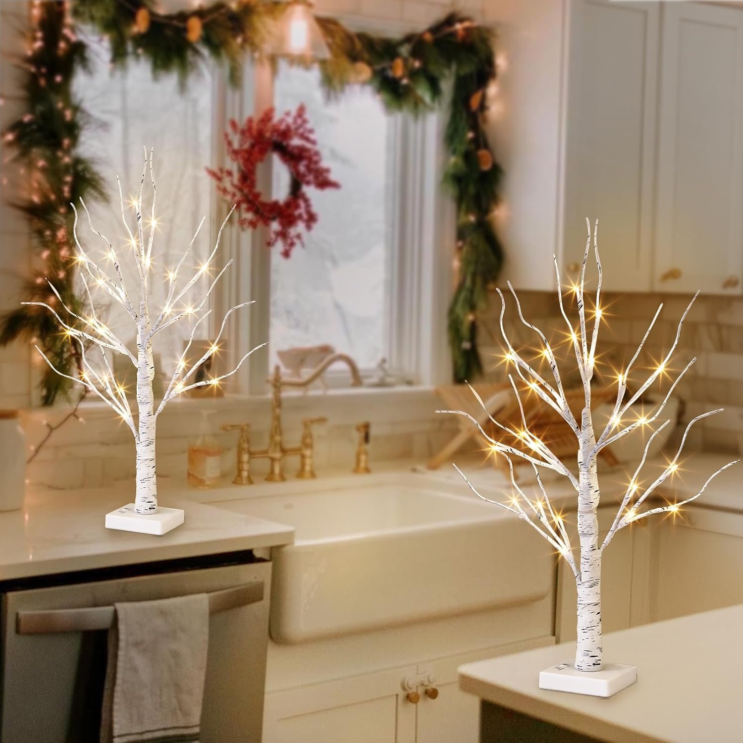 Vanthylit White Birch Tree with LED Lights - Set of 2, LED Tabletop Tree with Timer, Christmas Decorations Lighted Tree for Indoor Mantel Home Decor (2 FT, 24 LED) - Image 3