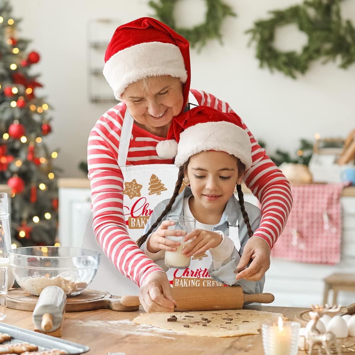 2 Pack Christmas Matching Aprons for Kids and Adults - Christmas Baking Crew - White Kitchen Aprons with 2 Pockets for Cooking Baking, Cute Custom Aprons Gift for Family - Image 6