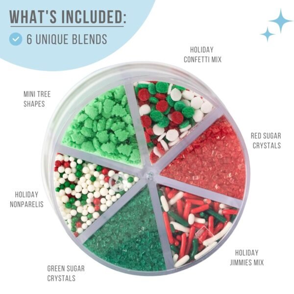 Sweets Indeed Christmas Sprinkles, Holiday Edible Sprinkle Mix, Tree Confetti, Jimmies, Sanding Sugar, Perfect for Cake Decorations, Baking, Ice Cream, Cookies, Cupcake Topper, 6.45 ounces (Christmas 6 Cell) - Image 3
