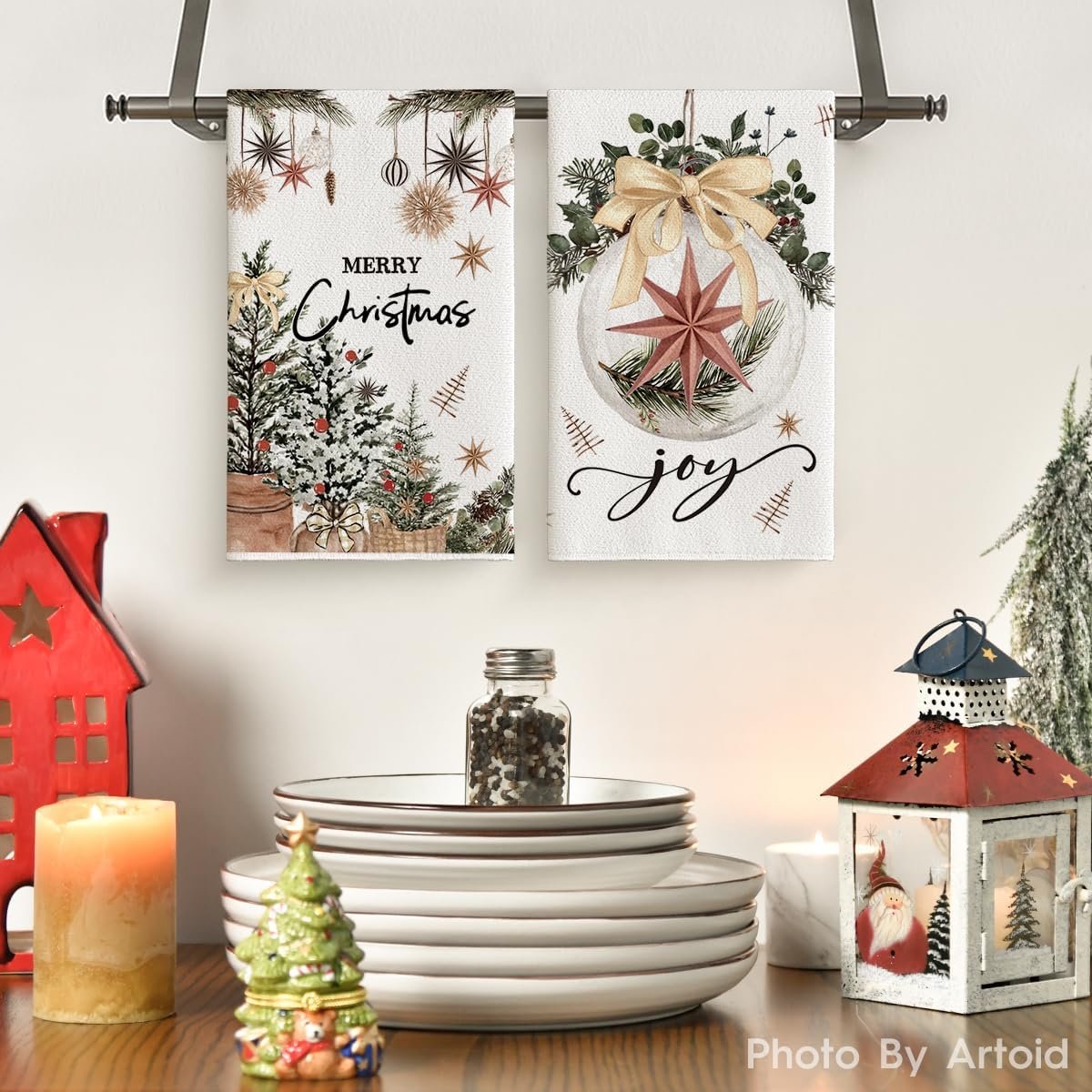 Artoid Mode Beige Xmas Tree Merry Christmas Kitchen Towels Dish Towels, 18x26 Inch Holiday Gloves Ball Hello Winter Decoration Hand Towels Set of 4 - Image 3
