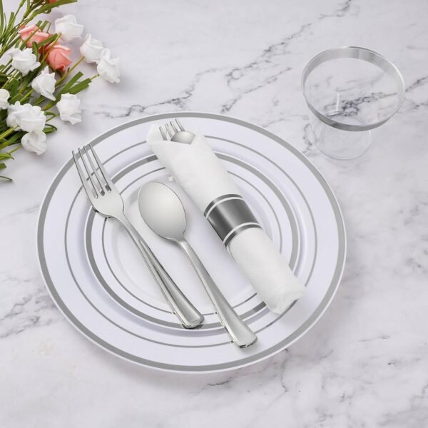 Goodluck 350 Piece Silver Plastic Dinnerware Set for 50 Guests, Fancy Disposable Plates for Party, Include: 50 Dinner Plates, 50 Dessert Plates, 50 Pre Rolled Napkins with Silver Silverware, 50 Cups - Image 3