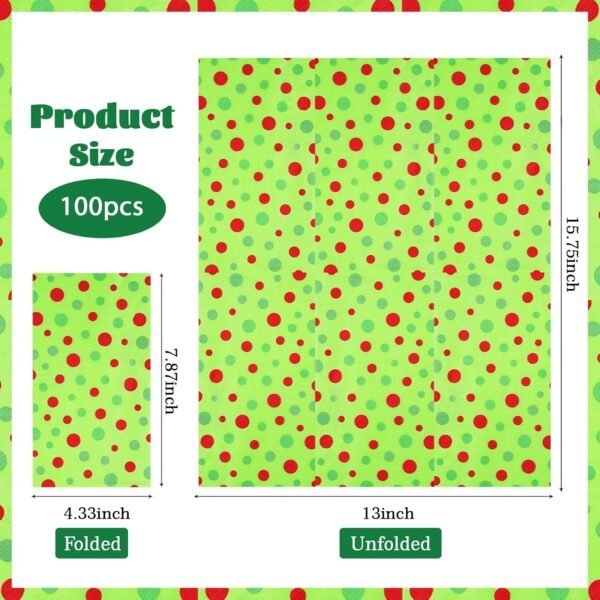 100PCS Christmas Napkins Disposable Green and Red Dots Christmas Paper Napkins Funny Napkins Christmas Disposable Hand Towels for Bathroom Home Kitchen Holiday Christmas Party Decorations - Image 4