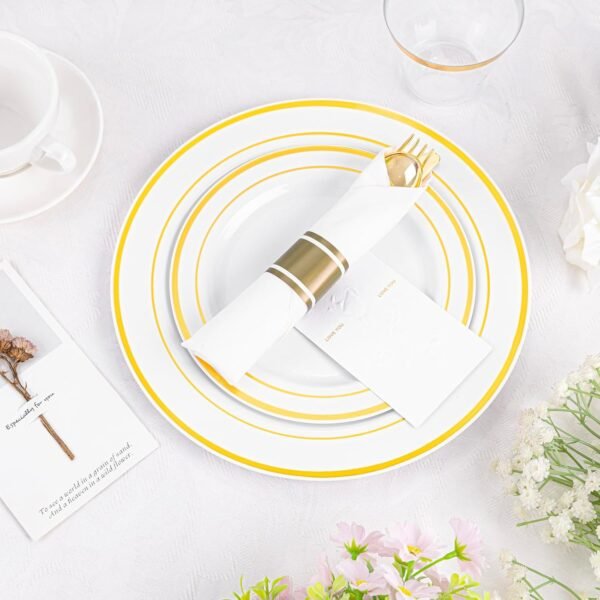 WELLIFE 350Pcs Gold Plastic Plates Set for 50 Guests - Disposable Plates for Party and Wedding,Party Supplies including Party Plates and Cups and Napkins Sets,White and Gold Plastic Plates - Image 5