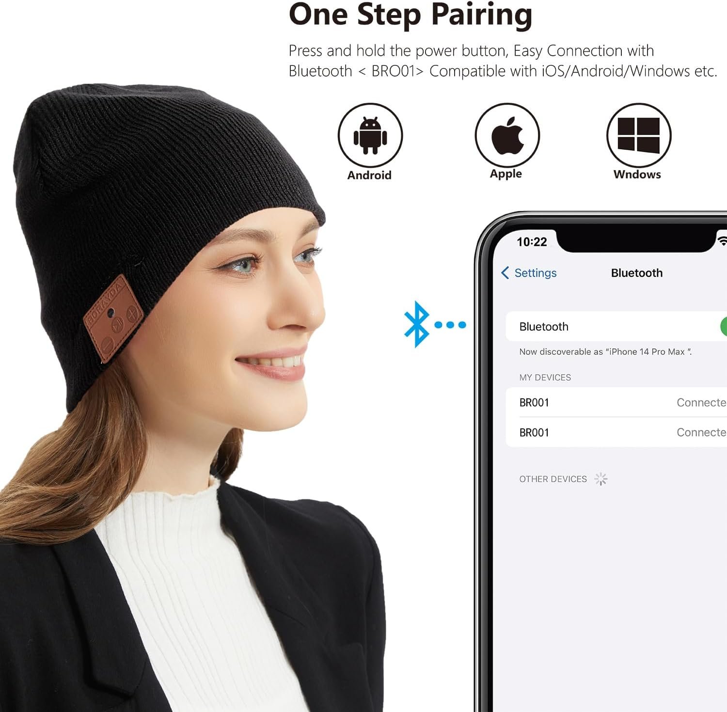 Bluetooth Beanie, Bluetooth 5.2 Wool Hat HD Stereo,24 Hours Play Time,Built-in Microphone, Men's/Women's Christmas Electronic Gift (Black) - Image 4