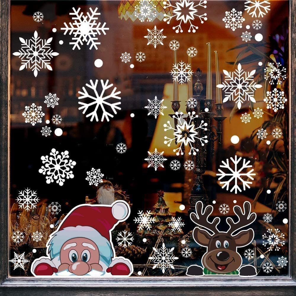 300 PCS 8 Sheet Christmas Snowflake Window Cling Stickers for Glass, Xmas Decals Decorations Holiday Snowflake Santa Claus Reindeer Decals for Party - Image 8