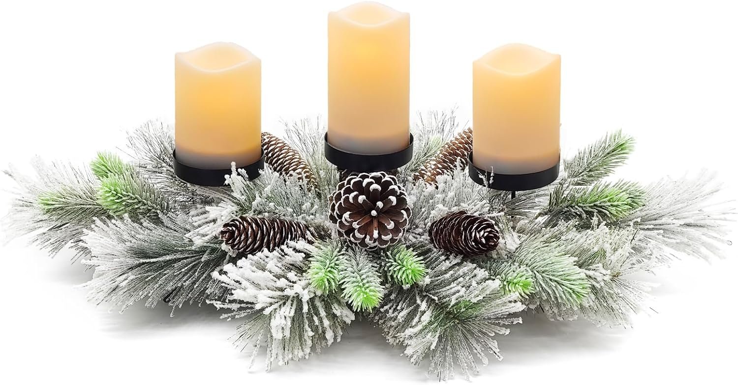 BAYN Christmas Centerpiece Table Decorations, Handcrafted Snowy Pine Cones and Pine Needles with 3 Candle Holders for Dining Table Fireplace Mantel - 27.5 in - Image 2
