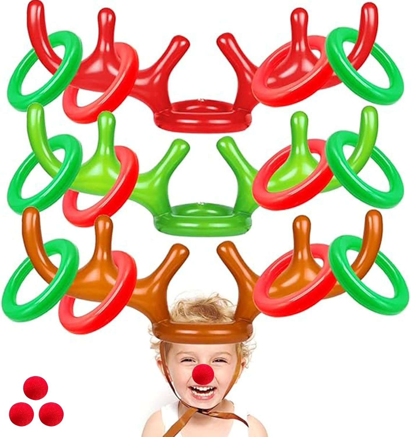 Total 18 Pcs 3 Set Inflatable Reindeer Antler Ring Toss Game Christmas Party Games Kids Family Xmas Toys Stock Stuffer Christmas Activities Carnival Supplies - 3 Antlers 12 Rings 3 Reindeer Nose - Image 2