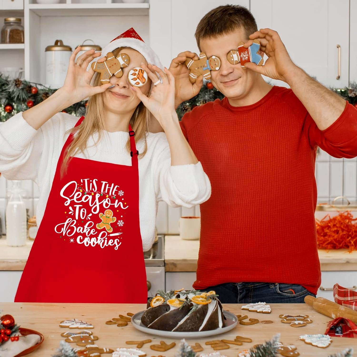Funny Christmas Baking Apron for Women Men Adjustable Kitchen Cooking Aprons with 2 Pockets - Cute Christmas Aprons Gift for Bakers Mom Wife Husband Sister - Tis The Season to Bake Cookies - Image 6