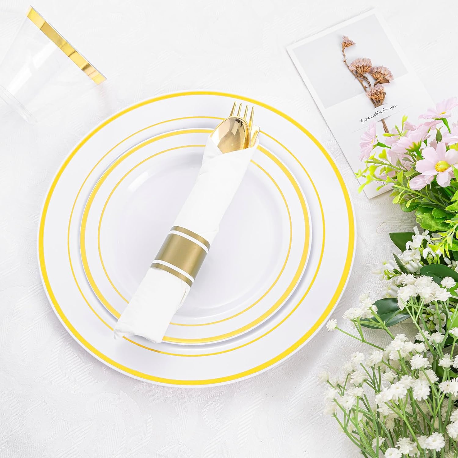 WELLIFE 350Pcs Gold Plastic Plates Set for 50 Guests - Disposable Plates for Party and Wedding,Party Supplies including Party Plates and Cups and Napkins Sets,White and Gold Plastic Plates - Image 10