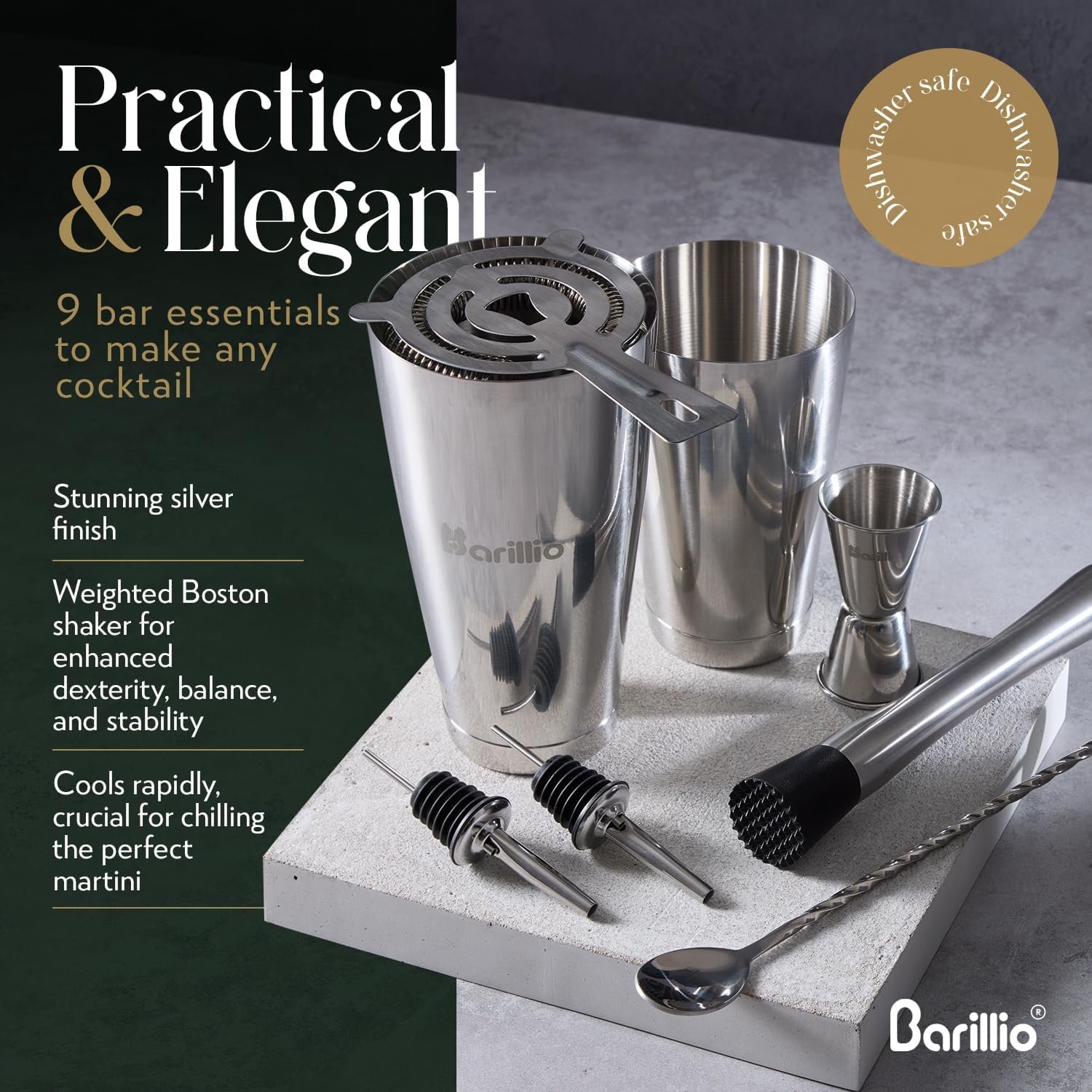 Barillio Boston Shaker Set - Stainless-Steel, Weighted, Martini Cocktail Shaker Set w/Strainer & Mixer - Mixology Bartender Kit - Bar Set for The Home - 9-pc Drink Shaker Set - Bar Tools - Silver - Image 4