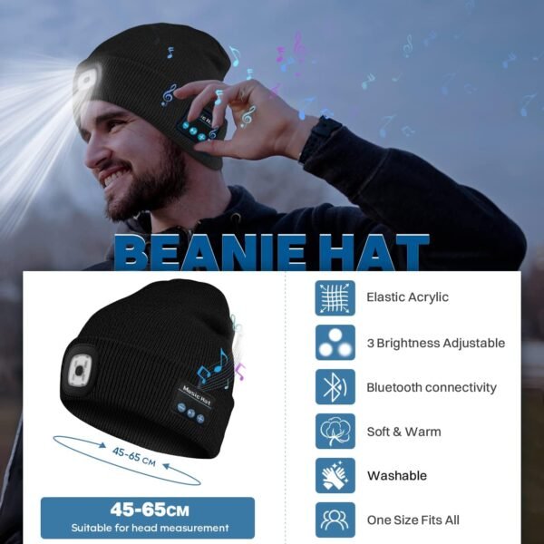 Bosttor Bluetooth Beanie Hat with Light, Headlamp Cap with Headphones and Built-in Speaker Mic, Gifts for Men Women Teen - Image 3