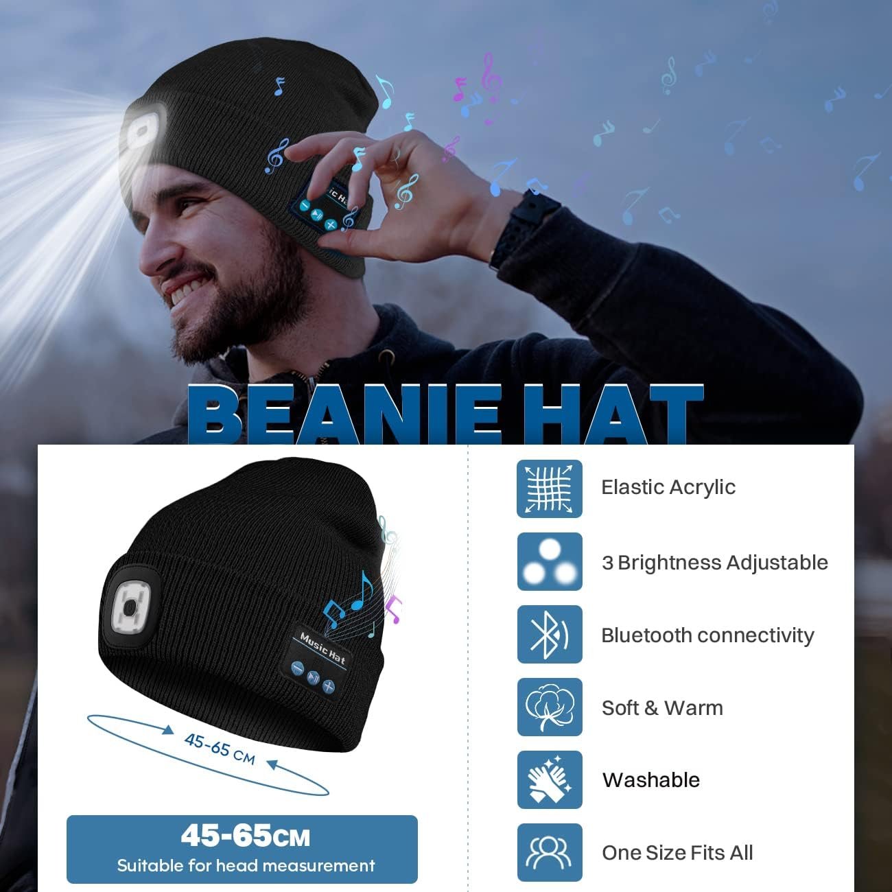 Bosttor Bluetooth Beanie Hat with Light, Headlamp Cap with Headphones and Built-in Speaker Mic, Gifts for Men Women Teen - Image 3