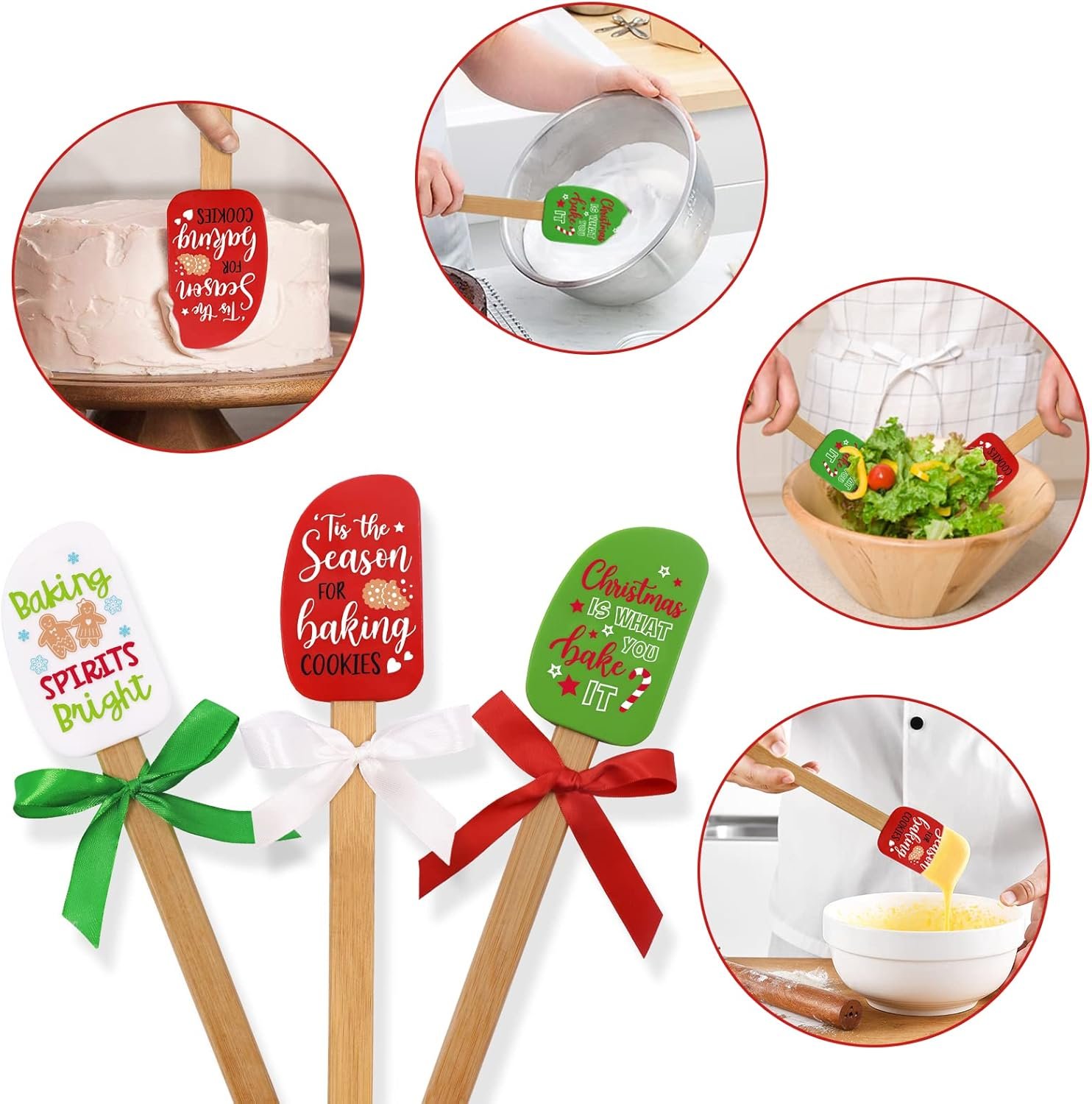 Set of 3 Christmas Silicone Spatulas w/Merry Christmas Greeting Card, Food Grade Heat Resistant Scraper Connect Bamboo Handle, Classic Gingerbread Man Candy Cane Reindeer Xmas Cooking Baking Gifts - Image 6
