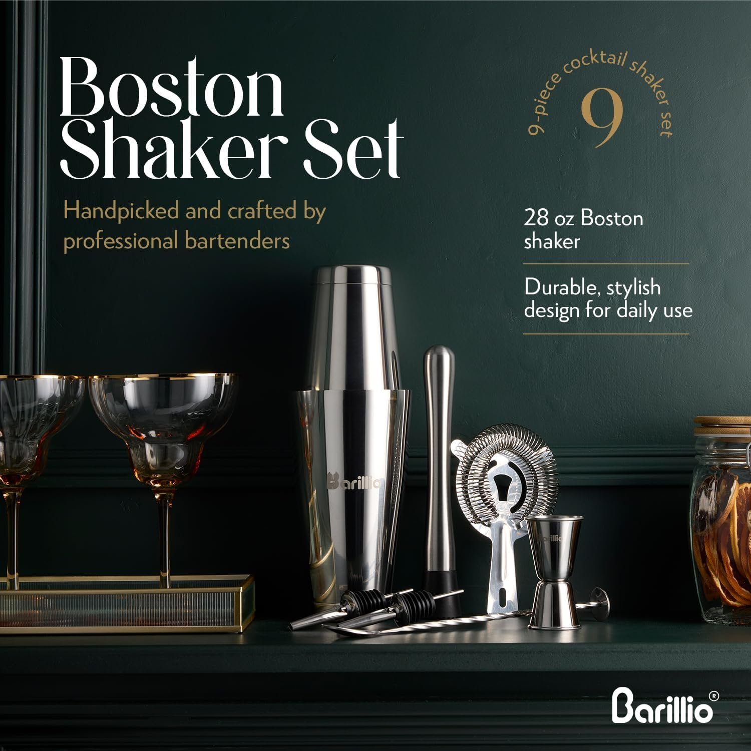 Barillio Boston Shaker Set - Stainless-Steel, Weighted, Martini Cocktail Shaker Set w/Strainer & Mixer - Mixology Bartender Kit - Bar Set for The Home - 9-pc Drink Shaker Set - Bar Tools - Silver - Image 5