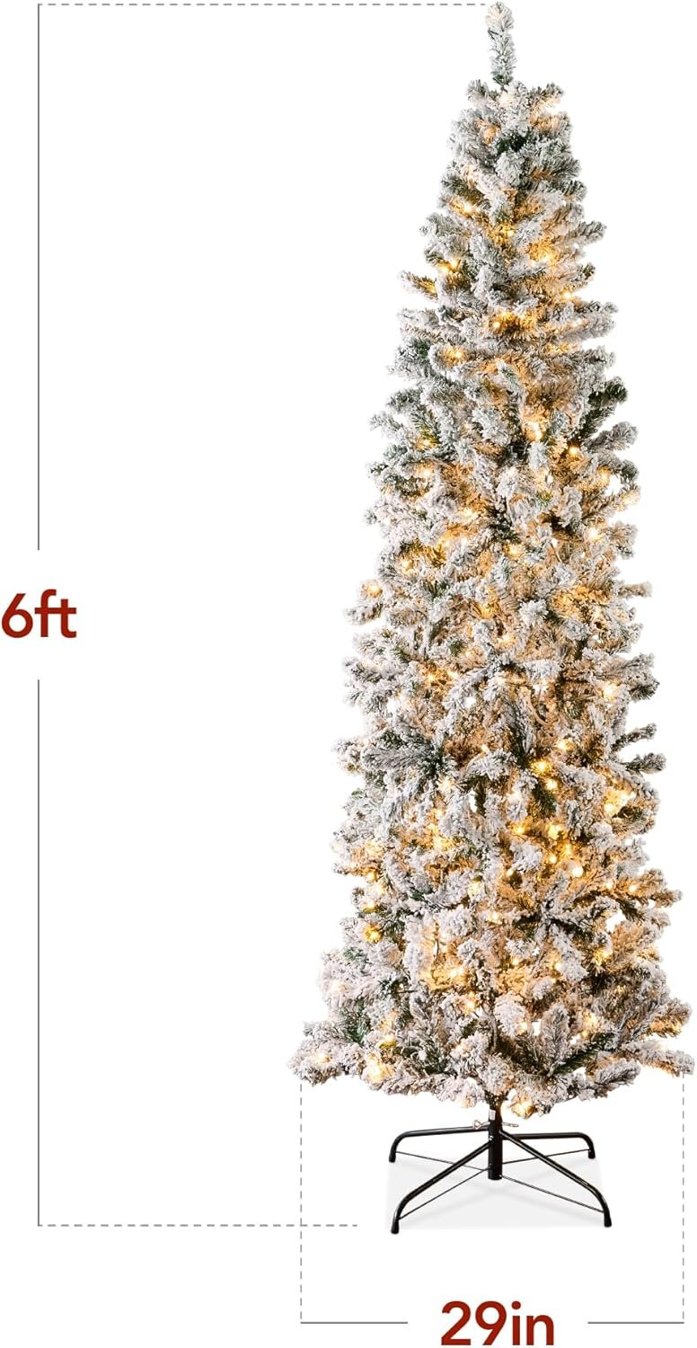 Best Choice Products Flocked Pencil Christmas Tree, Pre-Lit Slim Artificial Holiday Decoration, 6ft Lighted Skinny w/Base, Warm White Lights - Image 9
