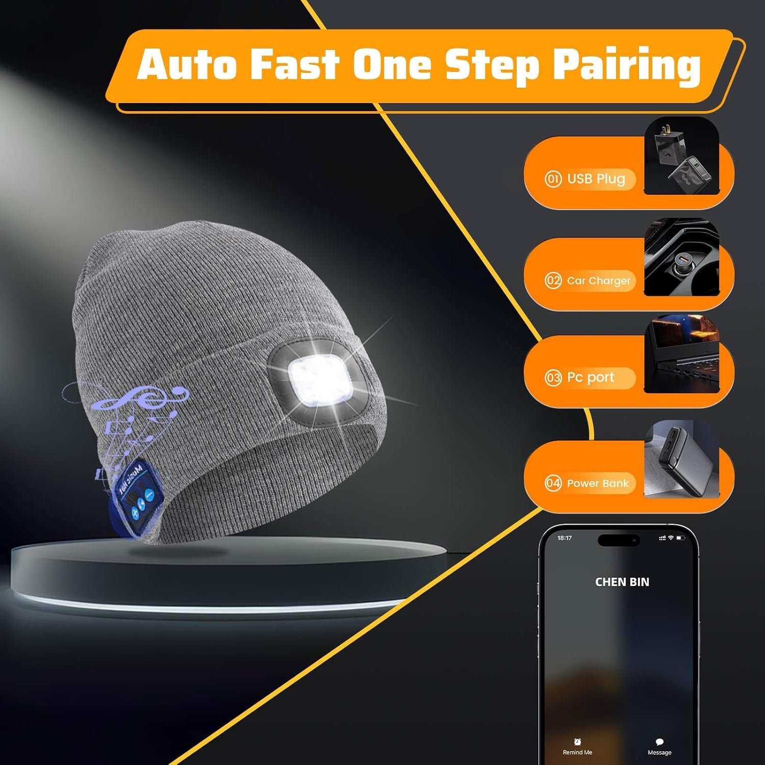Keains Bluetooth Beanie with Light, Musical Knit Hat with Headphones and Built-in Speaker Mic, Gifts for Men Women Dad - Image 7