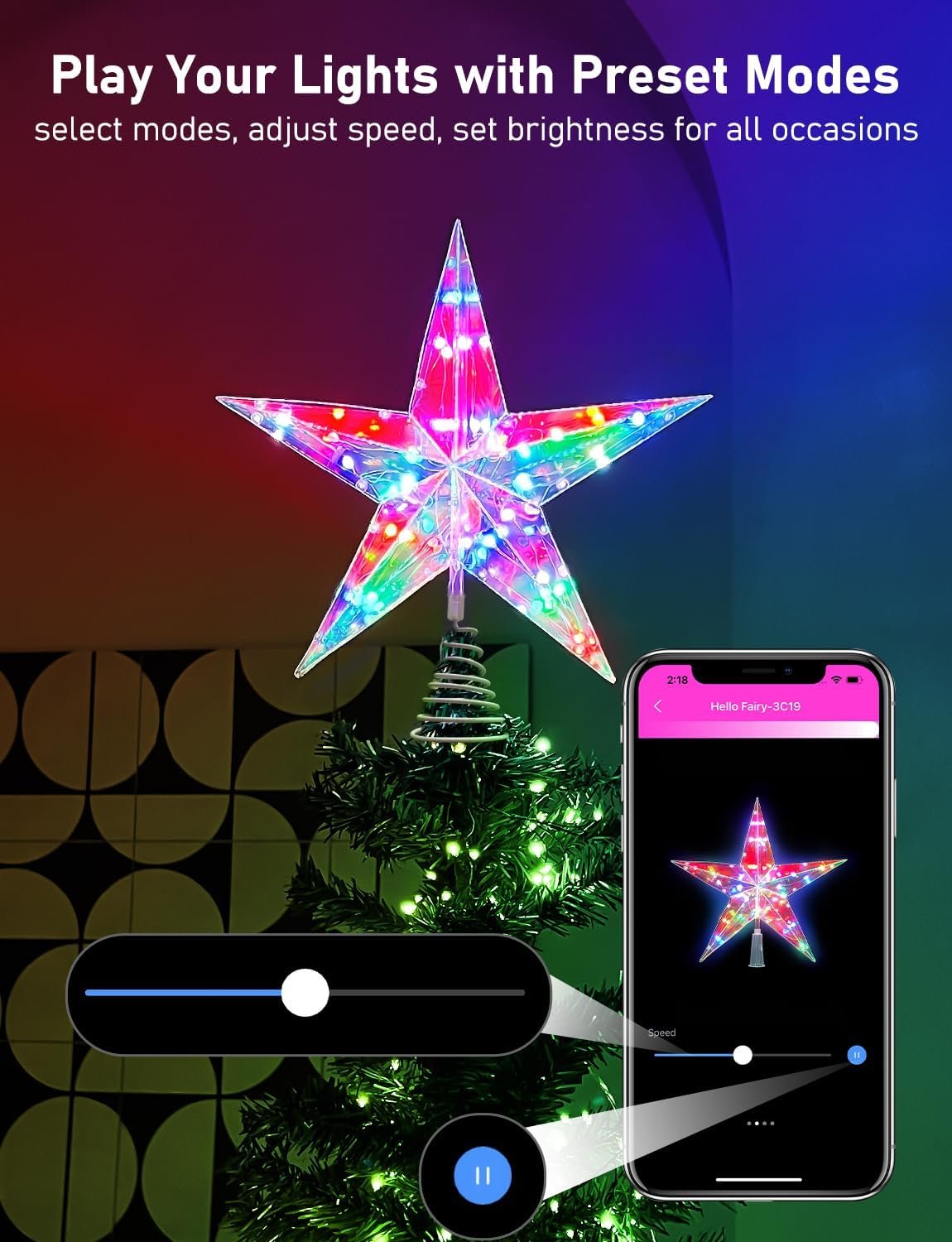 11.8" Christmas Tree Star with Smart APP&Remote, Smart Christmas Tree Toppers with Music, DIY, Dimmable, Timer, Color Changing Christmas Tree Star Topper Lighted Decorate to Holiday,Indoor - Image 6