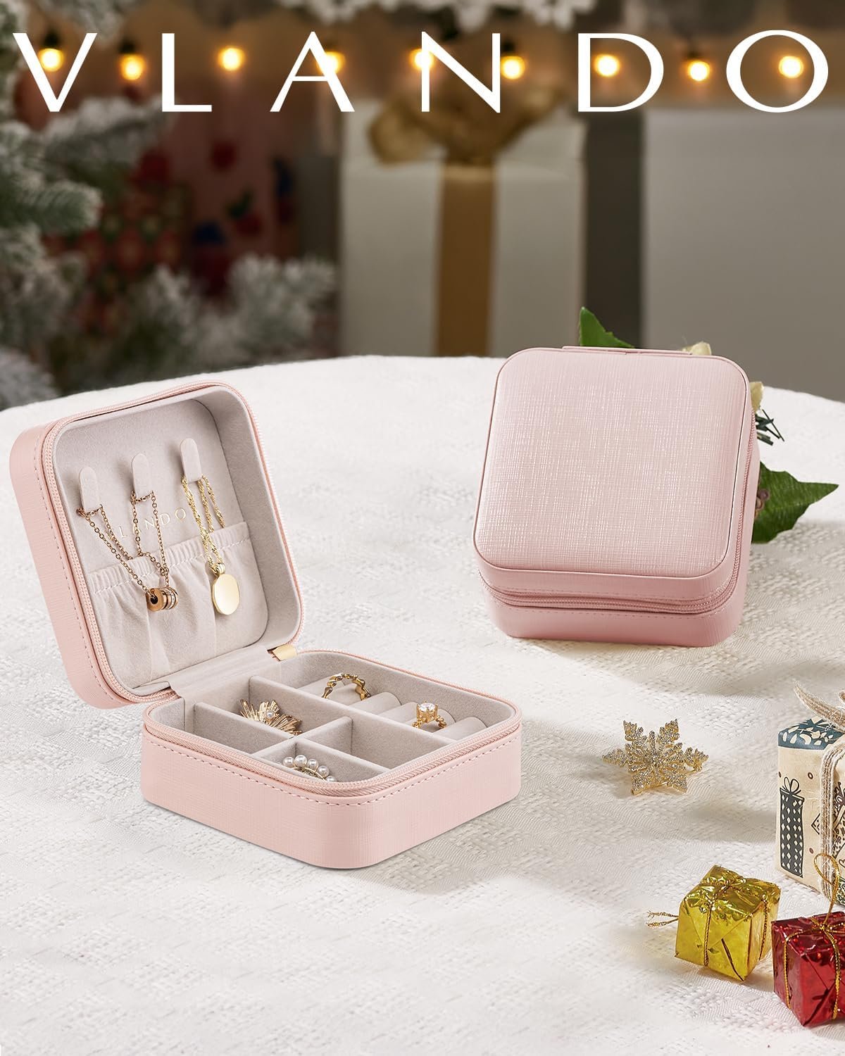 Vlando Travel Jewelry Box, Small Jewelry Travel Organizer Case Travel Essentials Christmas Gift for Women Girl - Pink - Image 3
