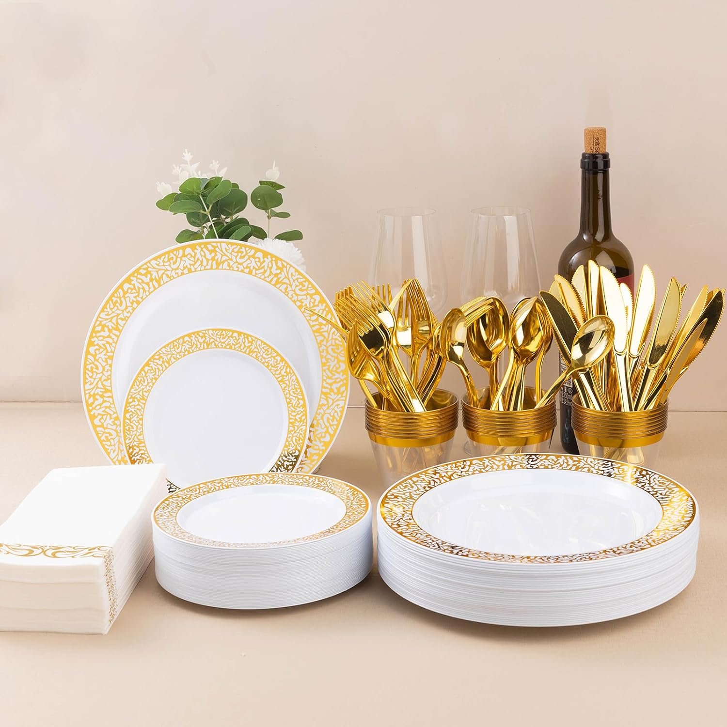 700PCS Gold Plastic Dinnerware Set for 100 Guests, Disposable Plates for Party, Includes: 100 Dinner Plates, 100 Dessert Plates, 100 Gold Silverware Set, 100 Cups, 100 Napkins - Image 7