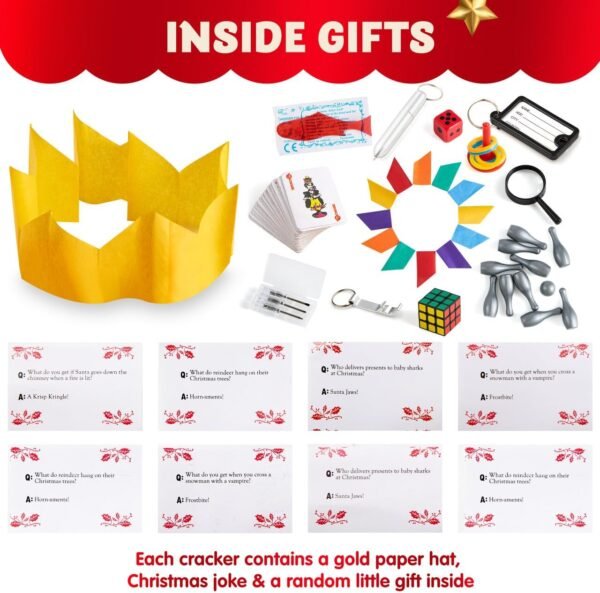 JOYIN 12 Pack Christmas Non-Snap Party Favor, Red & Green Snowflake Party Table Favor Includes Party Hat, Jokes & Gifts, Xmas Gifts Prizes for Christmas Holiday Dinner Traditions Party Supplies - Image 3