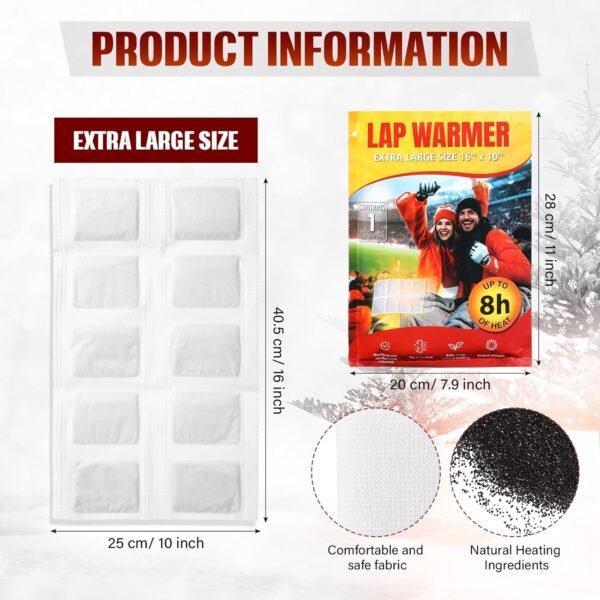 6 Pcs Lap Warmers Largest Warmers 16" x 10" Disposable Air Activated Heat Packs 8 Hours Long Lasting Camping Outdoor Sporting Events Cold Weather Gift Pairs with Any Blanket Heat up in 30 Minutes - Image 4