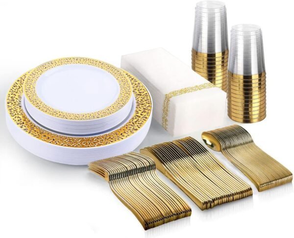 BAYZZ 175 Piece Gold Dinnerware Set,25 Guest Gold Lace Design Plastic Plates,25 Gold Plastic Silverware,25 Gold Cups,25 Gold Napkins,25 Guest Disposable Gold Dinnerware Set - Image 2