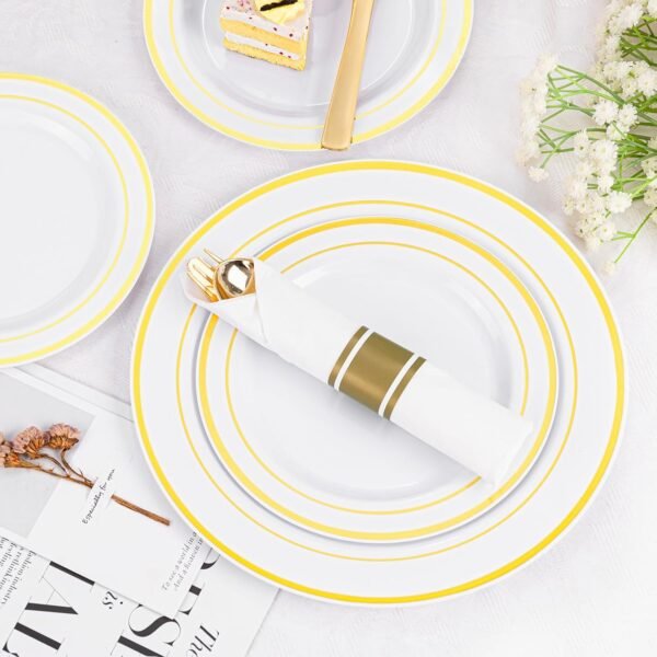 WELLIFE 350Pcs Gold Plastic Plates Set for 50 Guests - Disposable Plates for Party and Wedding,Party Supplies including Party Plates and Cups and Napkins Sets,White and Gold Plastic Plates - Image 8