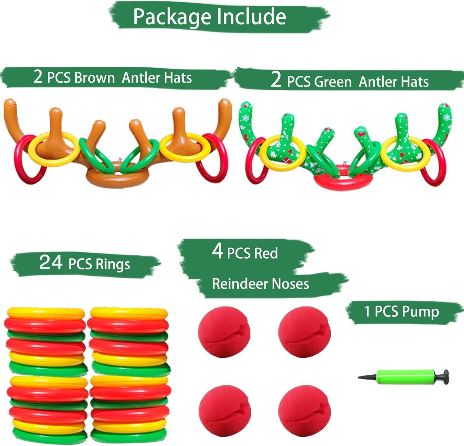 4 Sets Christmas Inflatable Reindeer Antler Ring Toss Game School Family Favors Party Gift Supplies Outdoor Indoor Toy (24 Rings with 4 Reindeer Noses) - Image 3