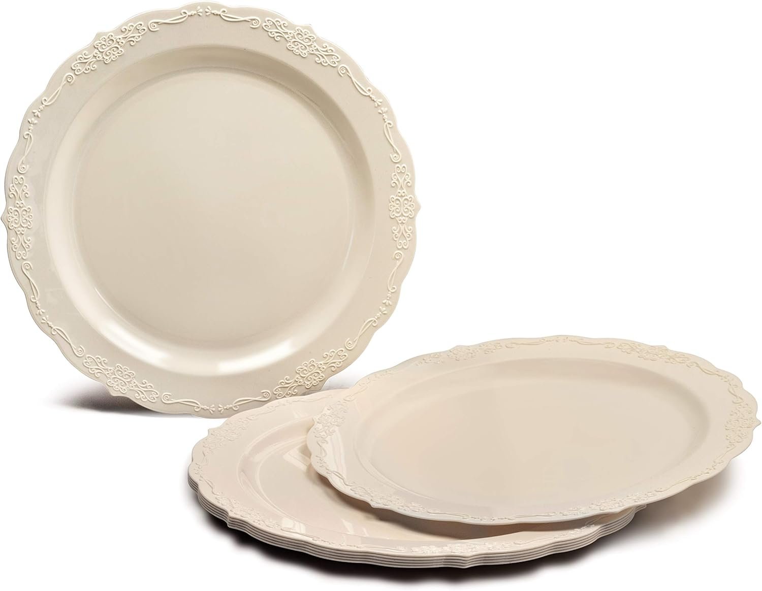 " OCCASIONS " 150 Pieces set (25 Guests)-Vintage Wedding Plastic Plates & cutlery -Disposable Dinnerware 10'', 7.5'' + Silverware w/double fork (Verona Plain Ivory) - Image 3