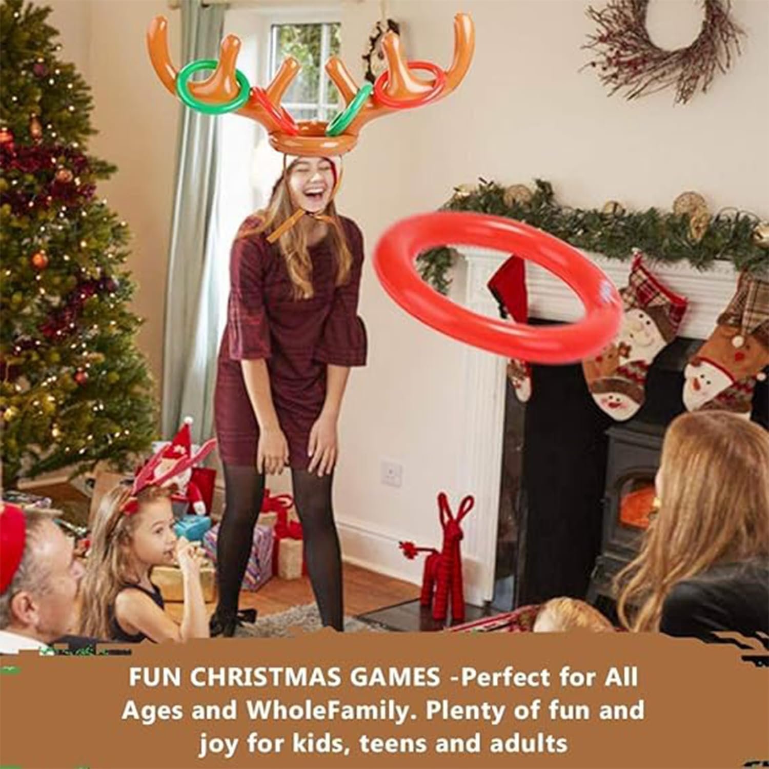 2 Set Inflatable Reindeer Antler Game, Christmas Party Toss Game Inflatable Reindeer Antler Hat with Rings for Kids Adults Family Xmas Fun Games(1 Pump, 8 Rings, 2 Antlers) - Image 8