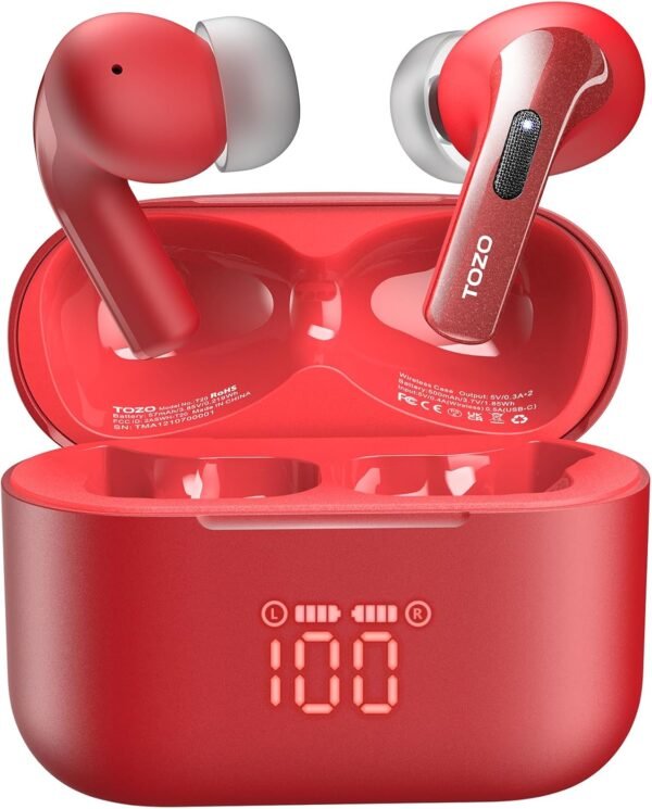 TOZO T20 Wireless Earbuds Bluetooth Headphones 48.5 Hrs Playtime with LED Digital Display, IPX8 Waterproof, Dual Mic Call Noise Cancelling 10mm Broad Range Speakers with Wireless Charging Case Red - Image 2