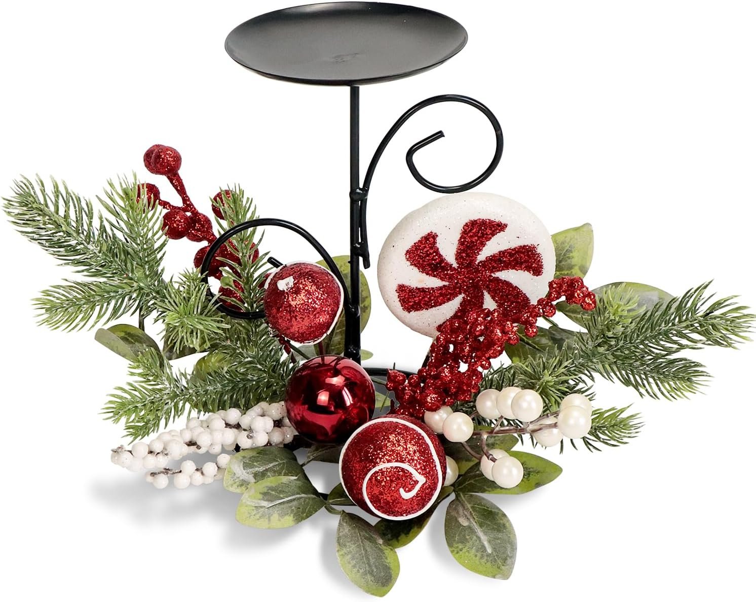 Christmas Candle Holder with Glitter Holly Berries Peppermint Lollipop Xmas Baubles Ball Pine Leaves Candlestick Table Centerpiece Decorations Steel Base Stand Festive Tabletop Home Ornaments (Candy) - Image 2