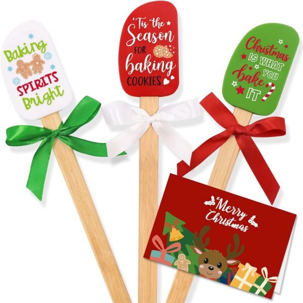 Set of 3 Christmas Silicone Spatulas w/Merry Christmas Greeting Card, Food Grade Heat Resistant Scraper Connect Bamboo Handle, Classic Gingerbread Man Candy Cane Reindeer Xmas Cooking Baking Gifts - Image 2