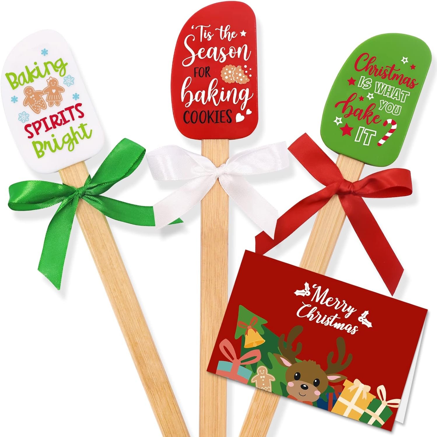 Set of 3 Christmas Silicone Spatulas w/Merry Christmas Greeting Card, Food Grade Heat Resistant Scraper Connect Bamboo Handle, Classic Gingerbread Man Candy Cane Reindeer Xmas Cooking Baking Gifts - Image 2