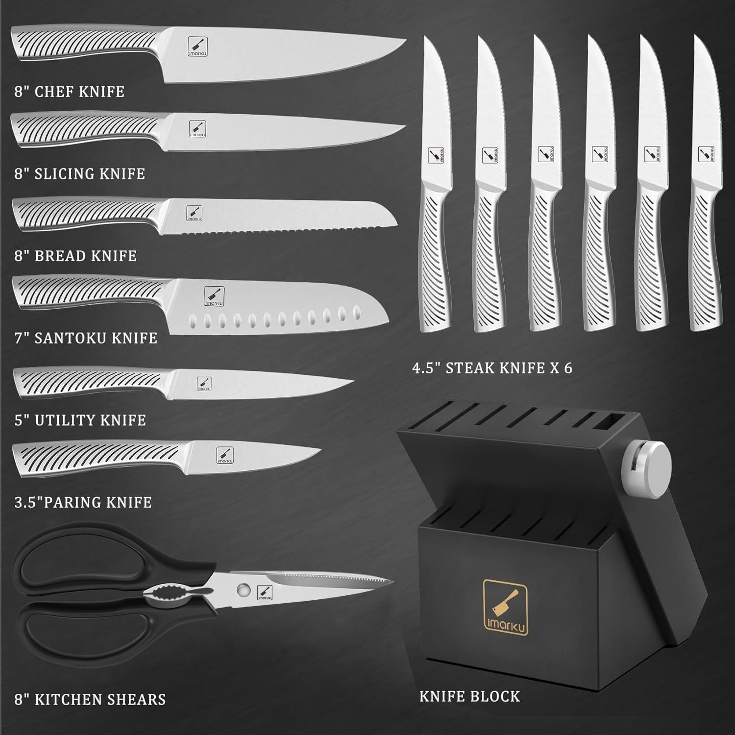 imarku Knife Set - Knife Sets for Kitchen with Block, 14PCS High Carbon Stainless Steel Kitchen Knife Set, Dishwasher Safe Knife Block Set with Ergonomic Handle, Christmas Gifts for Men and Women - Image 4