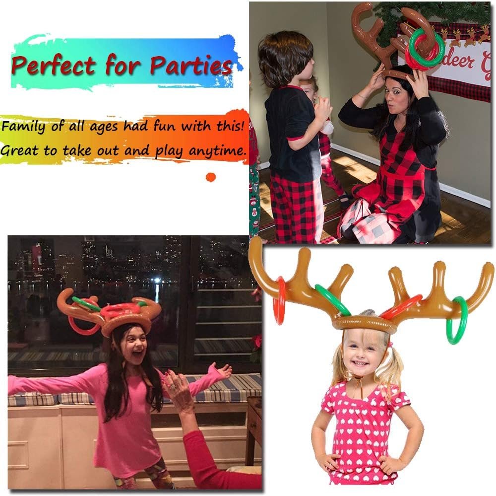 2 Set Inflatable Reindeer Antler Game (2 Reindeer Antler Hat with 12 Ring Toss, 2 Red Reindeer Nose, 1 Medal and 1 Hand-held Pump) Great Family Christmas Party Games - Image 7