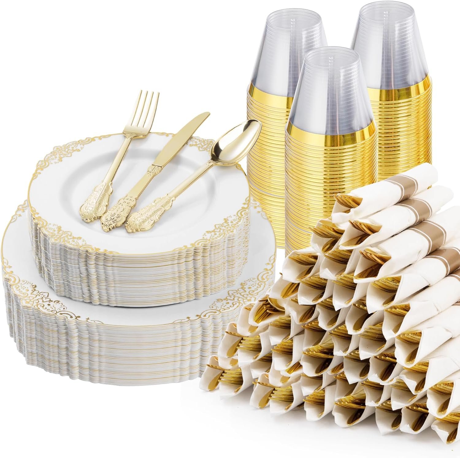350PCS Gold Plastic Plates for 50 Guests, Disposable Dinnerware Sets Include 100 Gold Rim Plastic Plates, 50 Silverware, 50 Pre Rolled Napkins for Party, Wedding, Birthday and Thanksgiving - Image 2